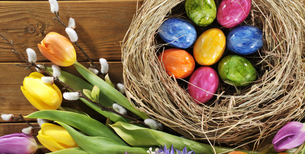Osternest mit Blumen und Eiern